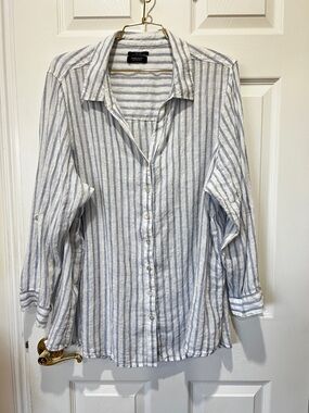 Jones & Co Linen Blue Striped Blouse Top V-neck Rolled Sleeve Plus Sz 3X 22-24W